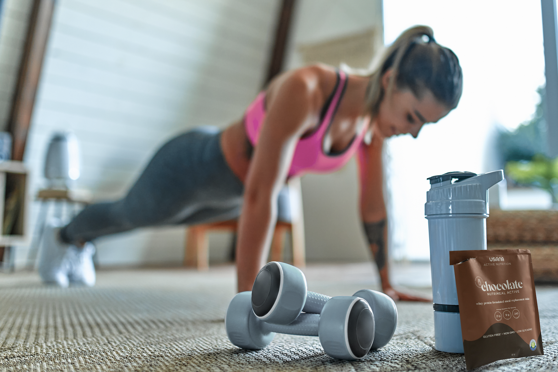 Cardio and Strength Training Women panking with Protein Shake